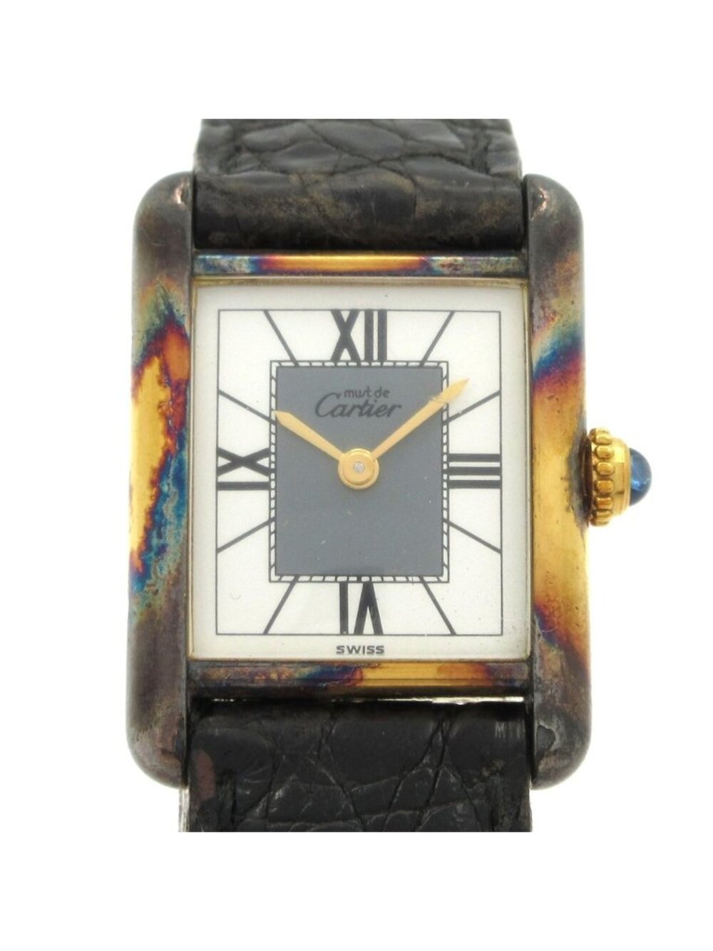 Cartier Watch Must Tank Vermeil Leather Strap 925 White Gray
